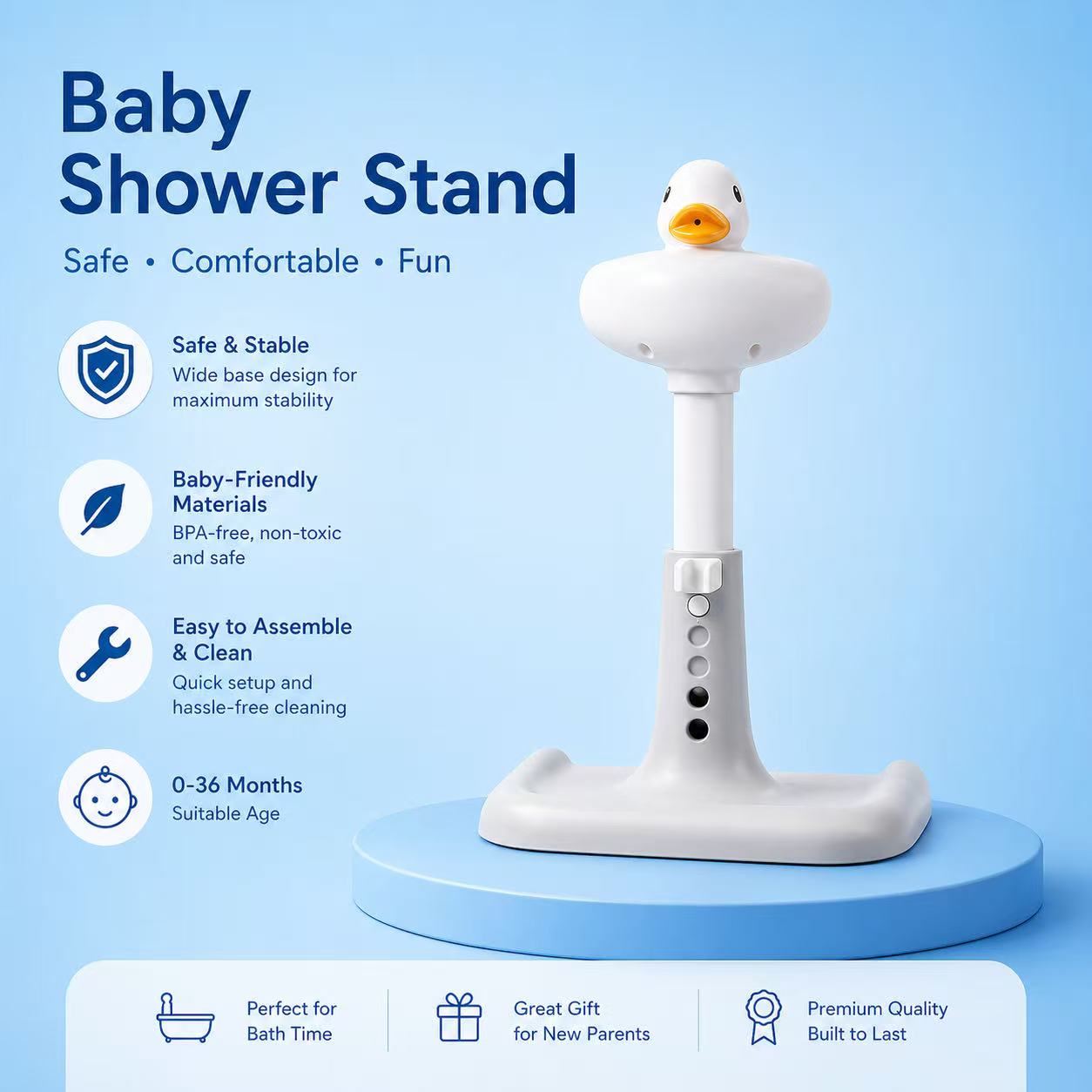 Baby using SafeBabyBath duck stand